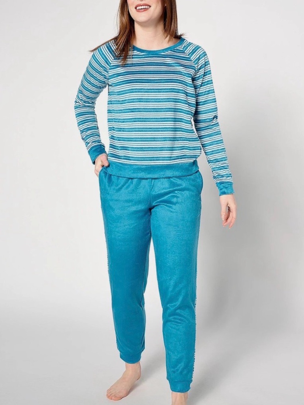 Muk Luks Teal and White Striped Women’s SOFT Pajama Set